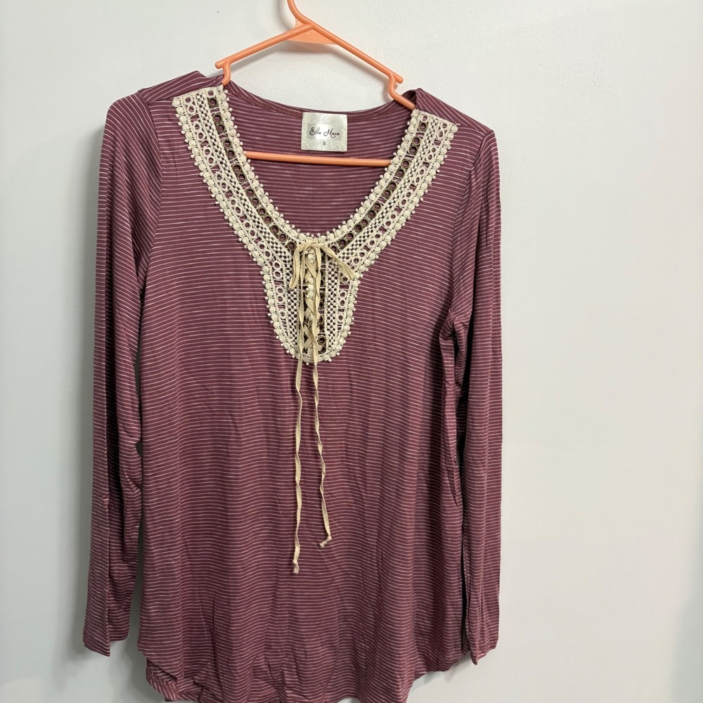 Ella‎ Mara Womens Small Mauve Striped Crochet Lace Up V-Neck Long Sleeve Top New